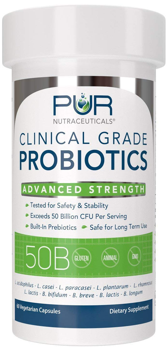 PUR Nutraceuticals probiotics bottle side highlights a clean formula and third-party testing