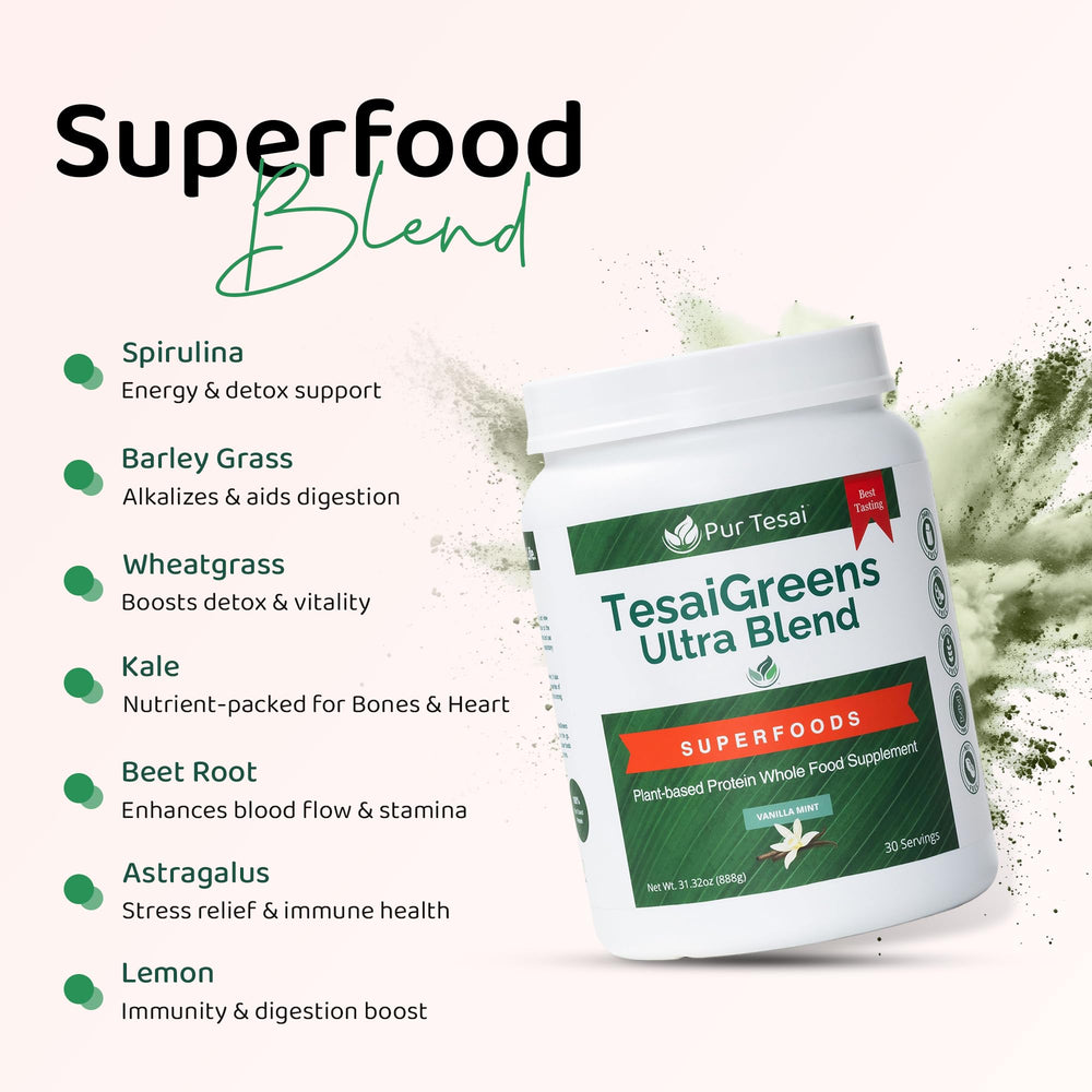 Pur Tesai Greens Ultra Blend bottle and shaker for on-the-go nutrition
