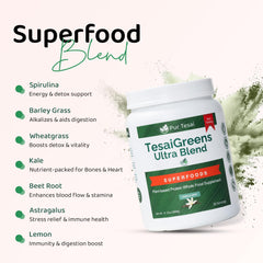 Pur Tesai Greens Ultra Blend bottle and shaker for on-the-go nutrition