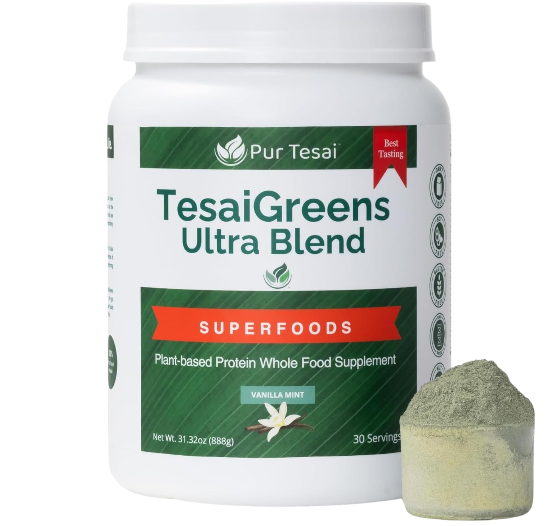 Pur Tesai Greens Ultra Blend tub front for daily protein and vitamin boost