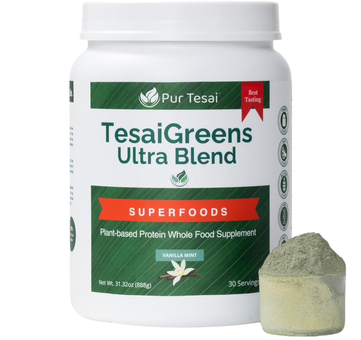 Pur Tesai Greens Ultra Blend tub front for daily protein and vitamin boost