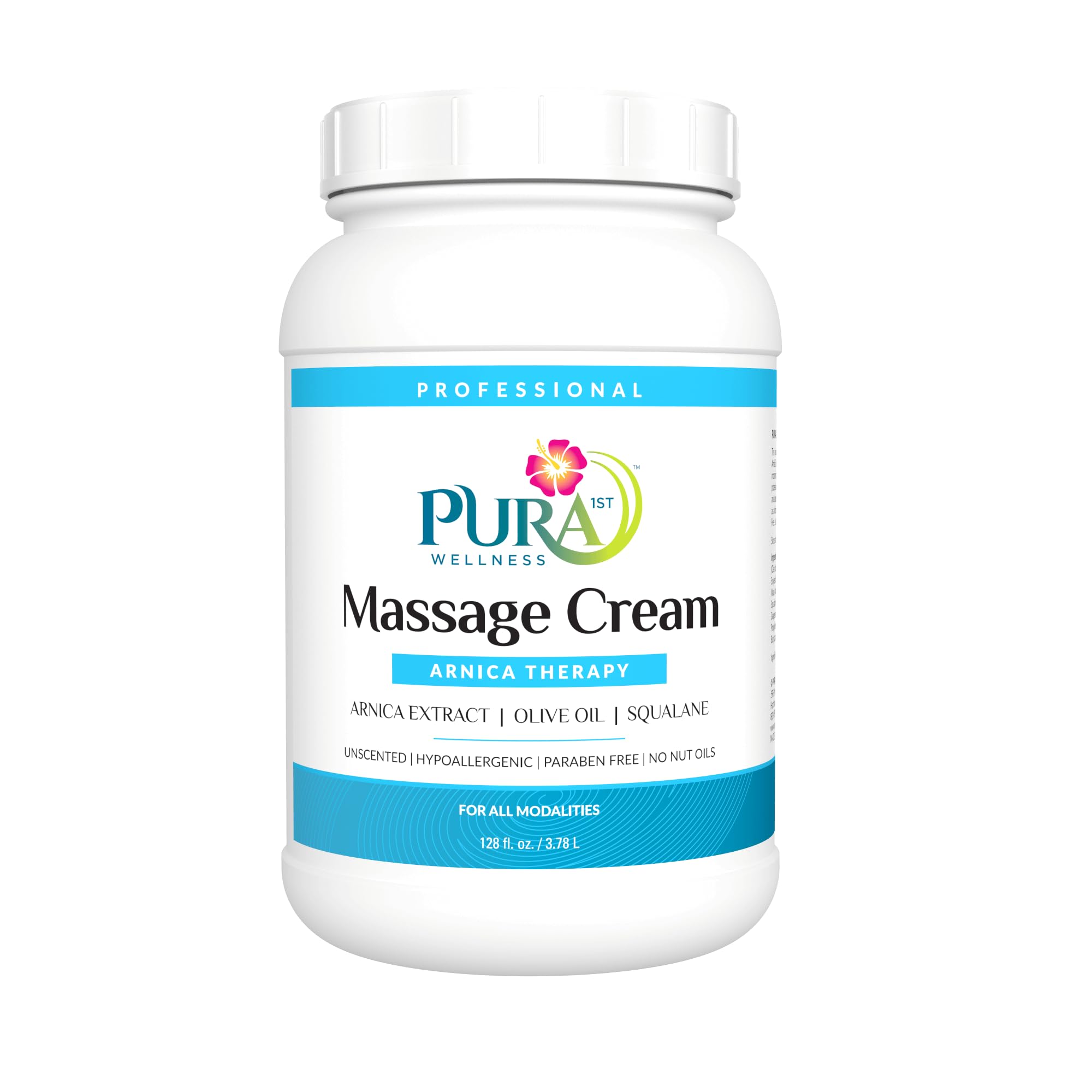 PURA 1st Arnica Therapy 1gal bottle for professional deep-tissue massages.