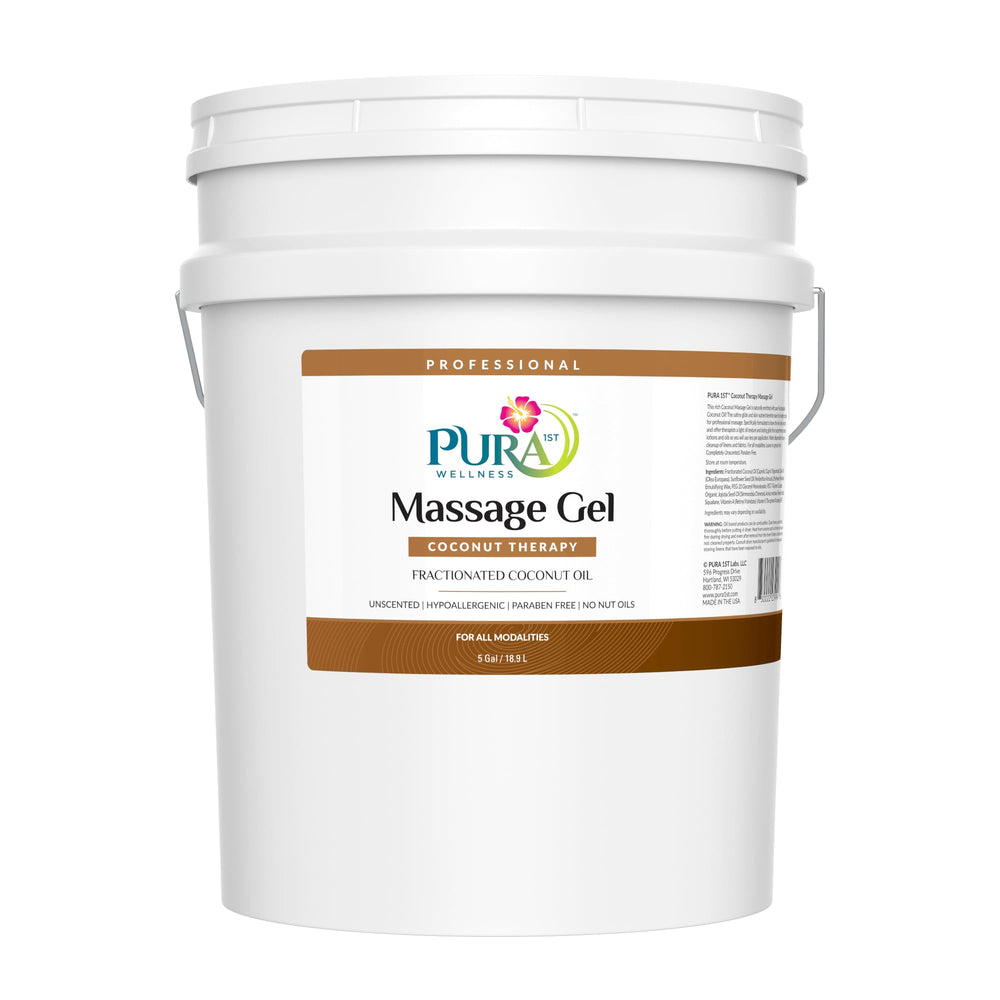 PURA 1st Coconut Therapy 5 Gallon bottle ready for professional massage sessions.