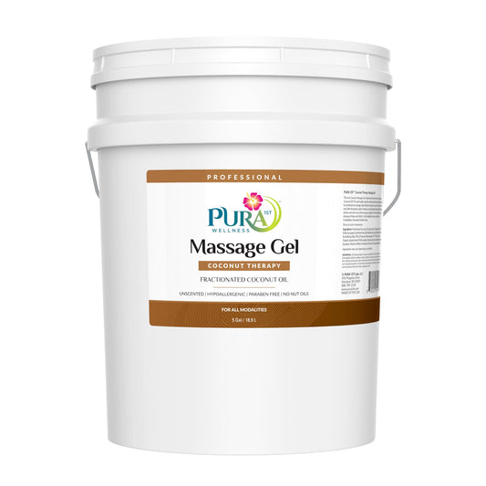 PURA 1st Coconut Therapy 5 Gallon bottle ready for professional massage sessions.