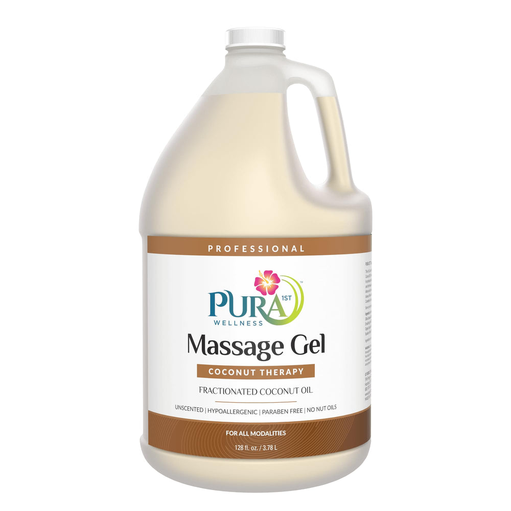 PURA 1st Coconut Therapy bottle close-up showing unscented, skin-hydrating massage gel