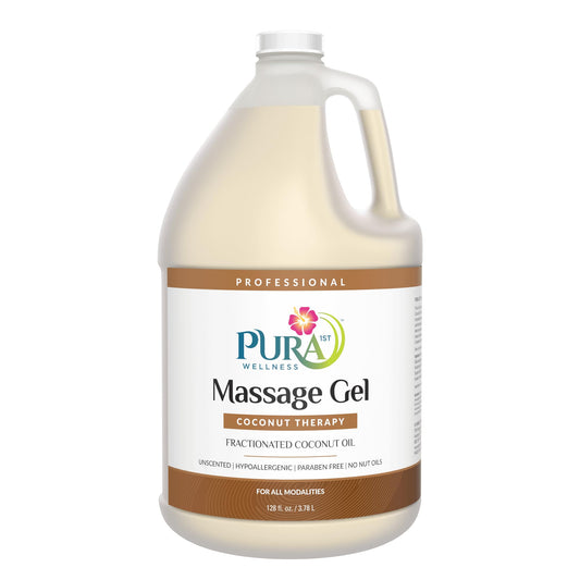 PURA 1st Coconut Therapy bottle close-up showing unscented, skin-hydrating massage gel