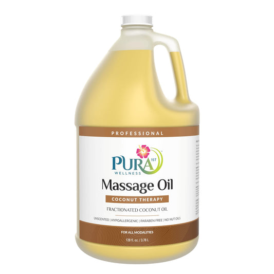 PURA 1st Coconut Therapy oil bottle for professional massage and skin hydration.