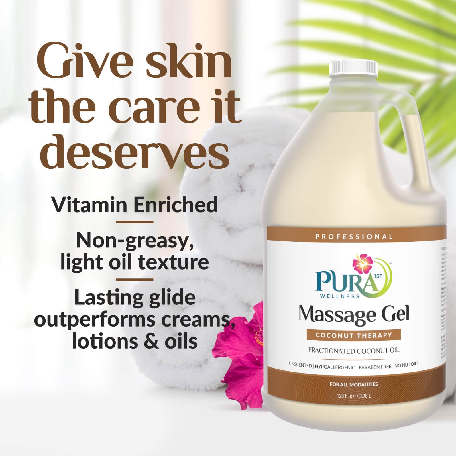 PURA 1st Coconut Therapy pump-action bottle demonstrating a non-greasy, easy-clean massage gel