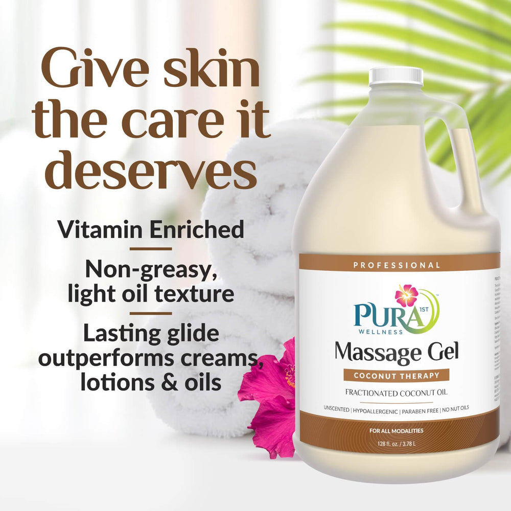 PURA 1st Coconut Therapy pump-action bottle demonstrating a non-greasy, easy-clean massage gel