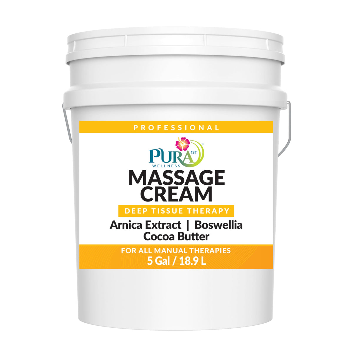 PURA 1st Deep Tissue Therapy Cream in a pump bottle ready for professional massage