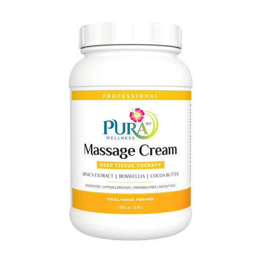 PURA 1st Deep Tissue Therapy gallon cream pump for professional massages, supporting deep work and skin hydration.
