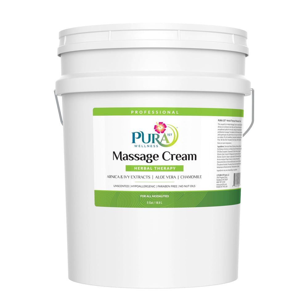 PURA 1st Herbal Massage Cream bottle close-up, a professional formula.