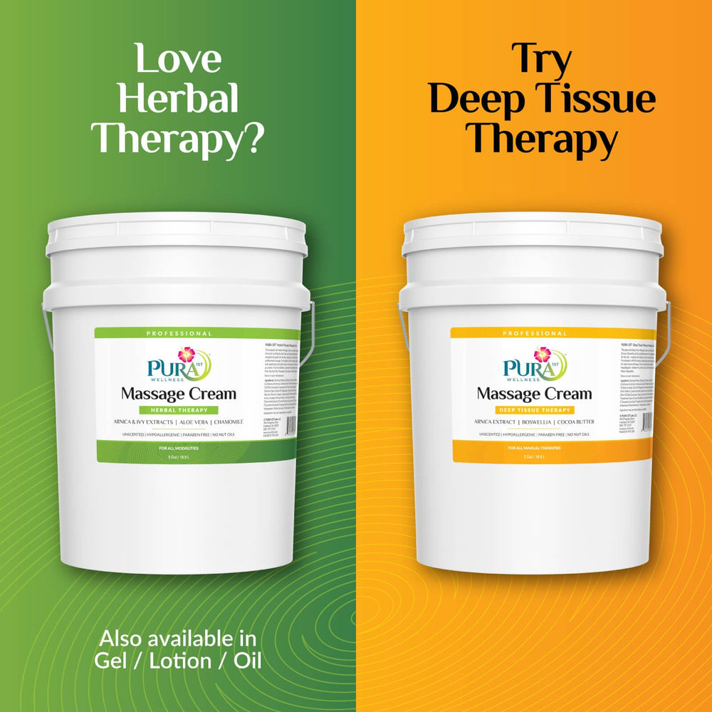 PURA 1st Herbal Massage Cream USA-made packaging appeals to clinics.