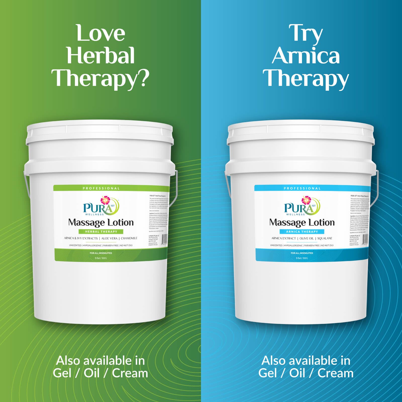 PURA 1st Herbal Therapy 5 Gallon lotion made in USA packaging