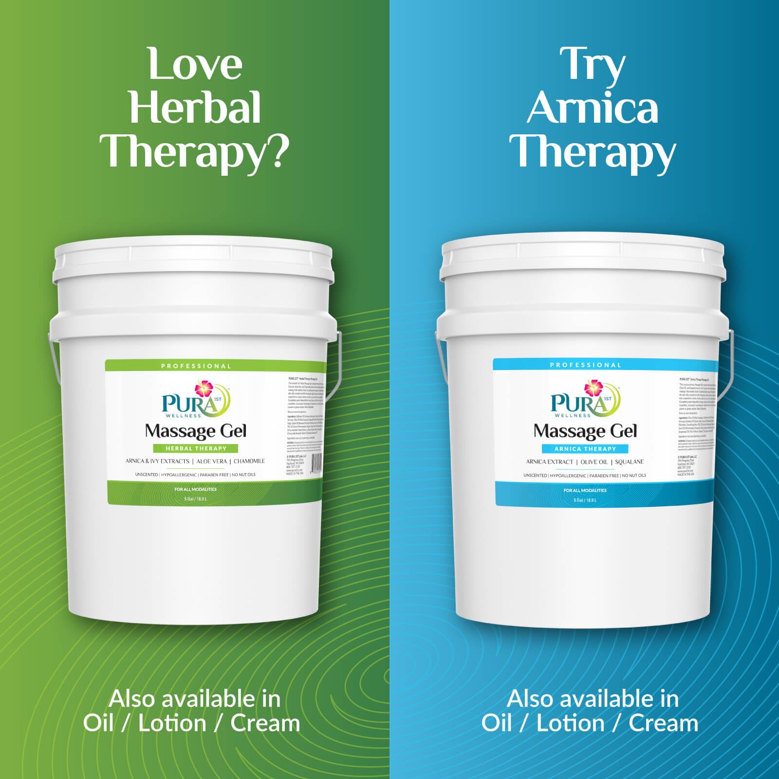 USA-made PURA 1st herbal therapy massage gel bottle on a clinician's shelf.
