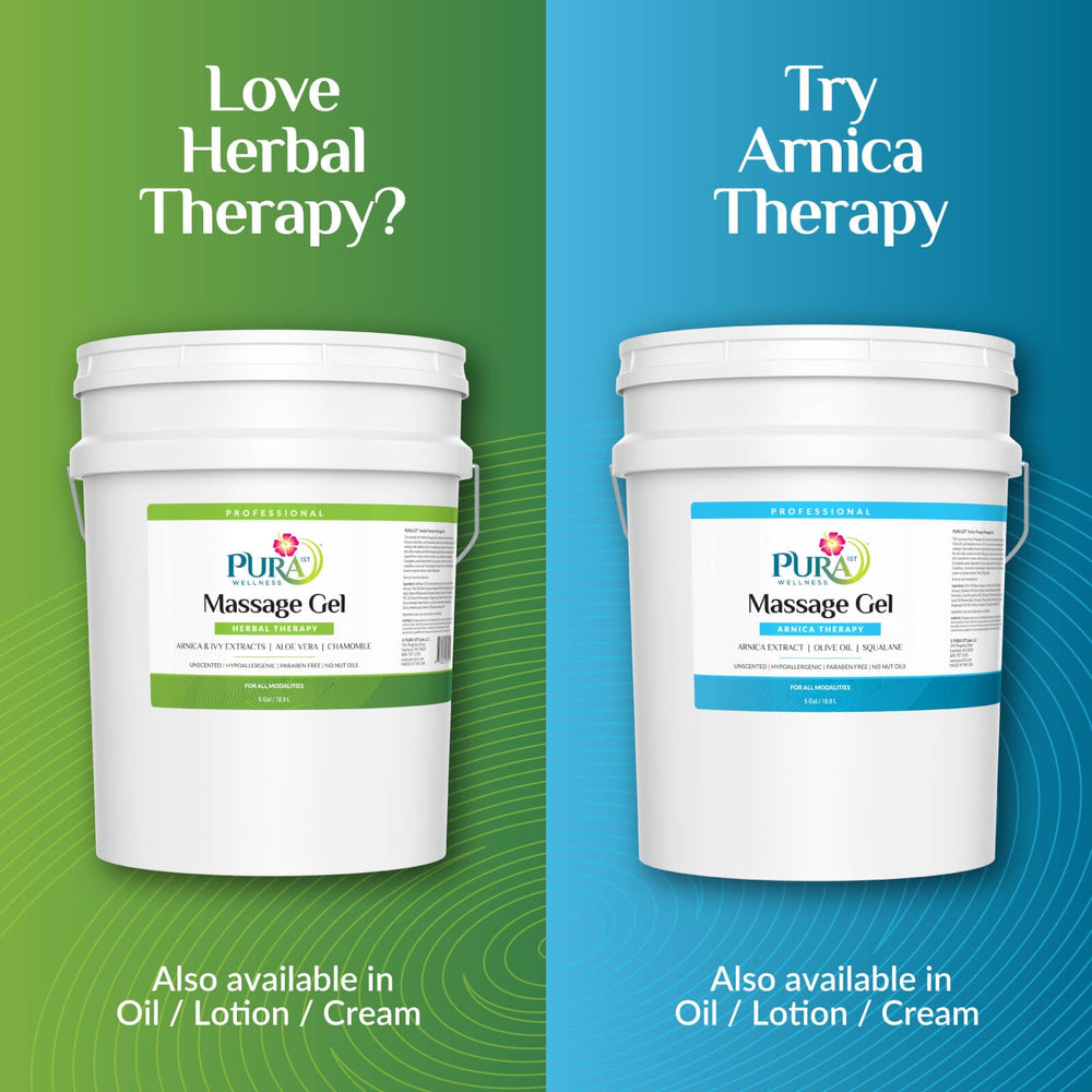 USA-made PURA 1st herbal therapy massage gel bottle on a clinician's shelf.