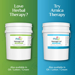 USA-made PURA 1st herbal therapy massage gel bottle on a clinician's shelf.