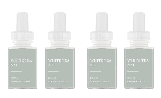 Pura diffuser with white tea blend and bergamot jasmine ambiance for spa-like ambiance.