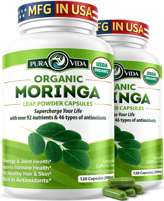 Pura Vida Moringa bottle-front showing capsules for daily energy support