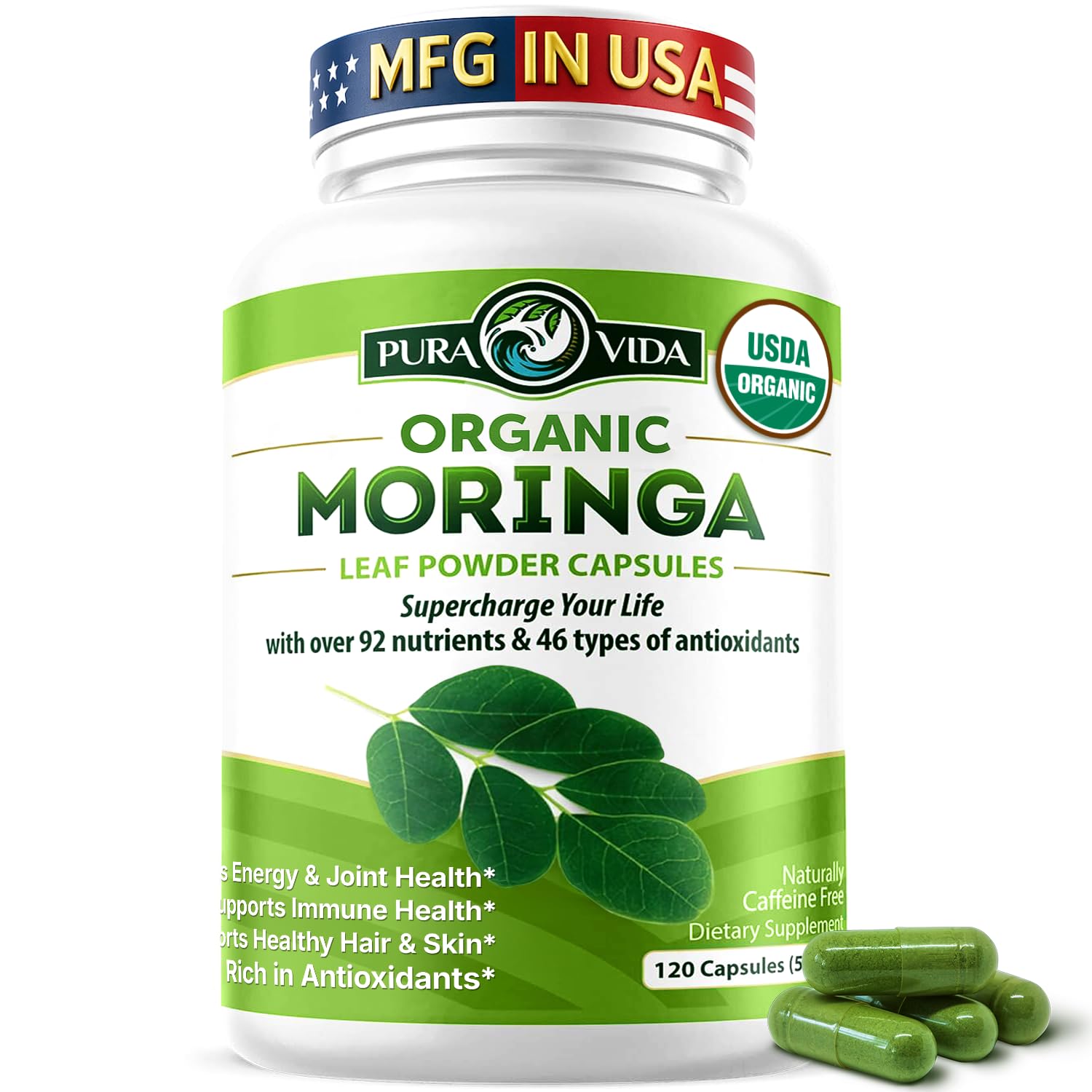 Pura Vida Moringa capsules bottle for on the go energy and daily routine