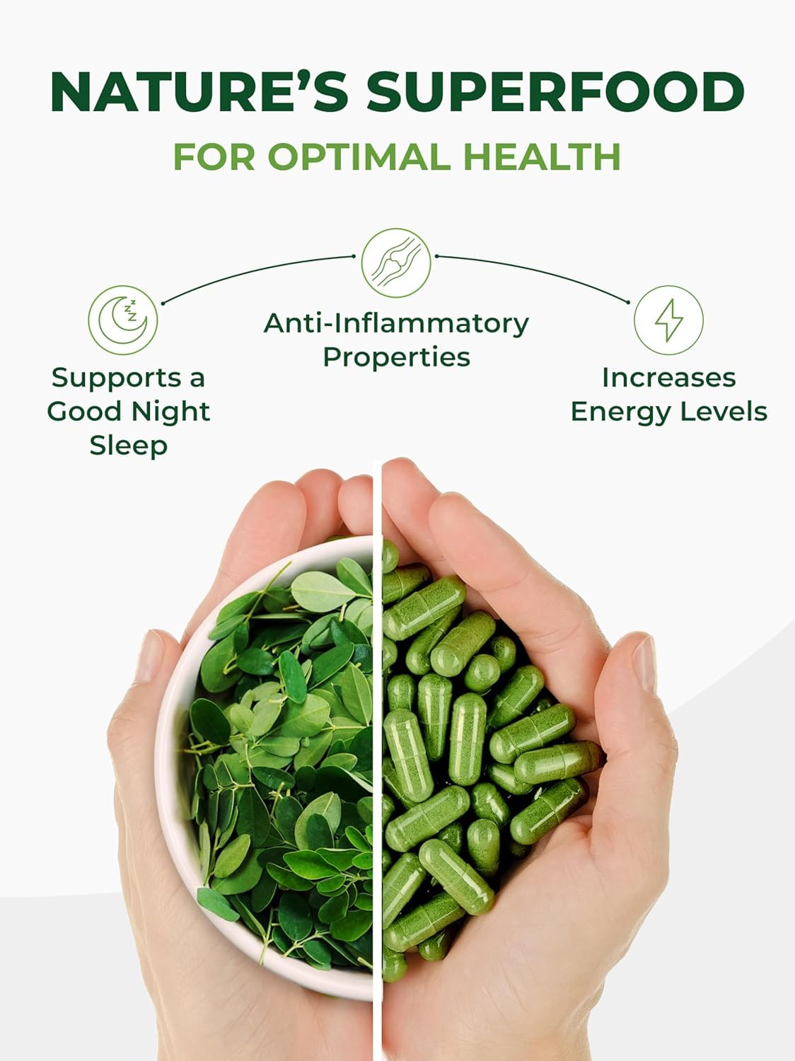 Pura Vida Moringa capsules arranged for easy daily routine