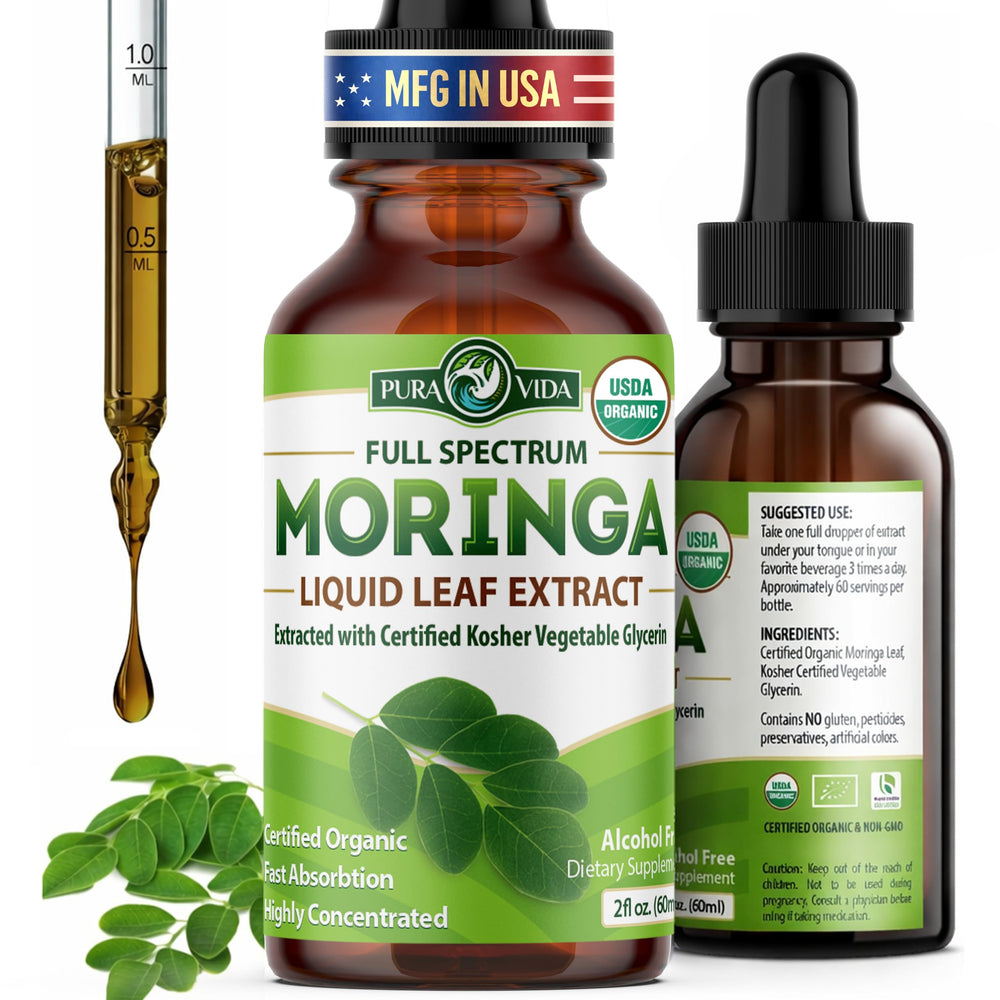 Pura Vida Moringa leaf extract liquid bottle for convenient daily use