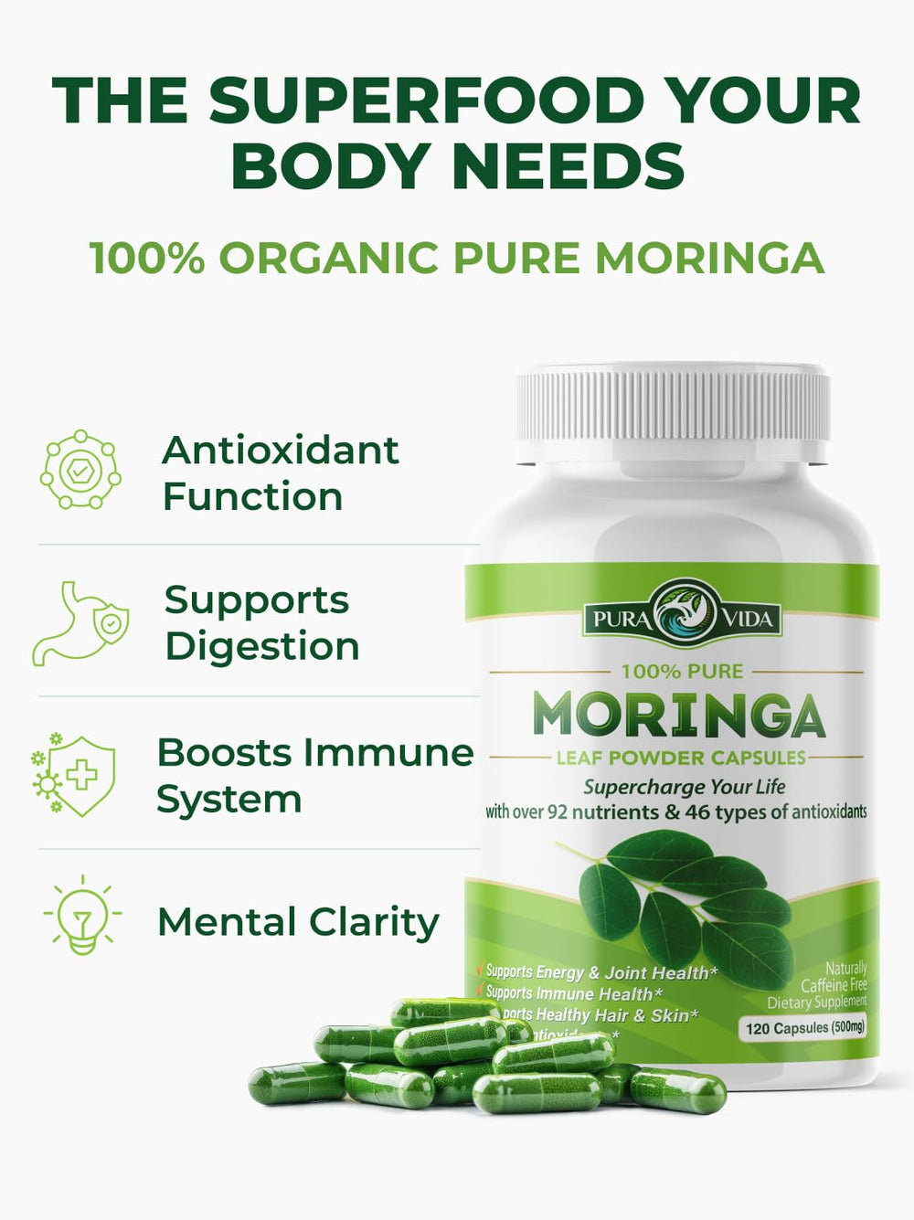 Pura Vida Moringa leaves packed with vitamins and minerals