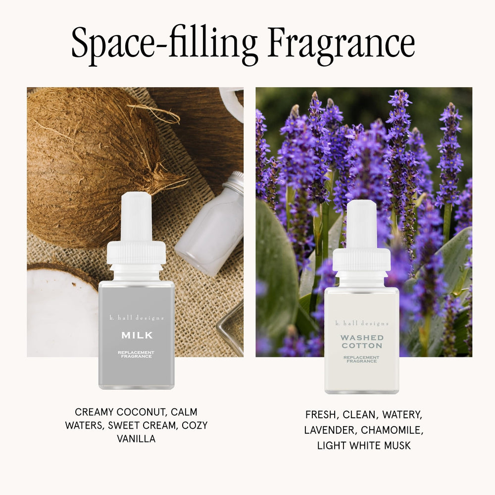 Pura 4 diffuser with washed cotton refill in square box packaging for fresh laundry-like scent