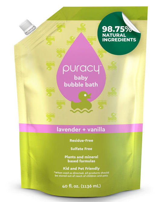 Puracy Bubble Bath for Children with lavender-vanilla scent provides a calming bath time.