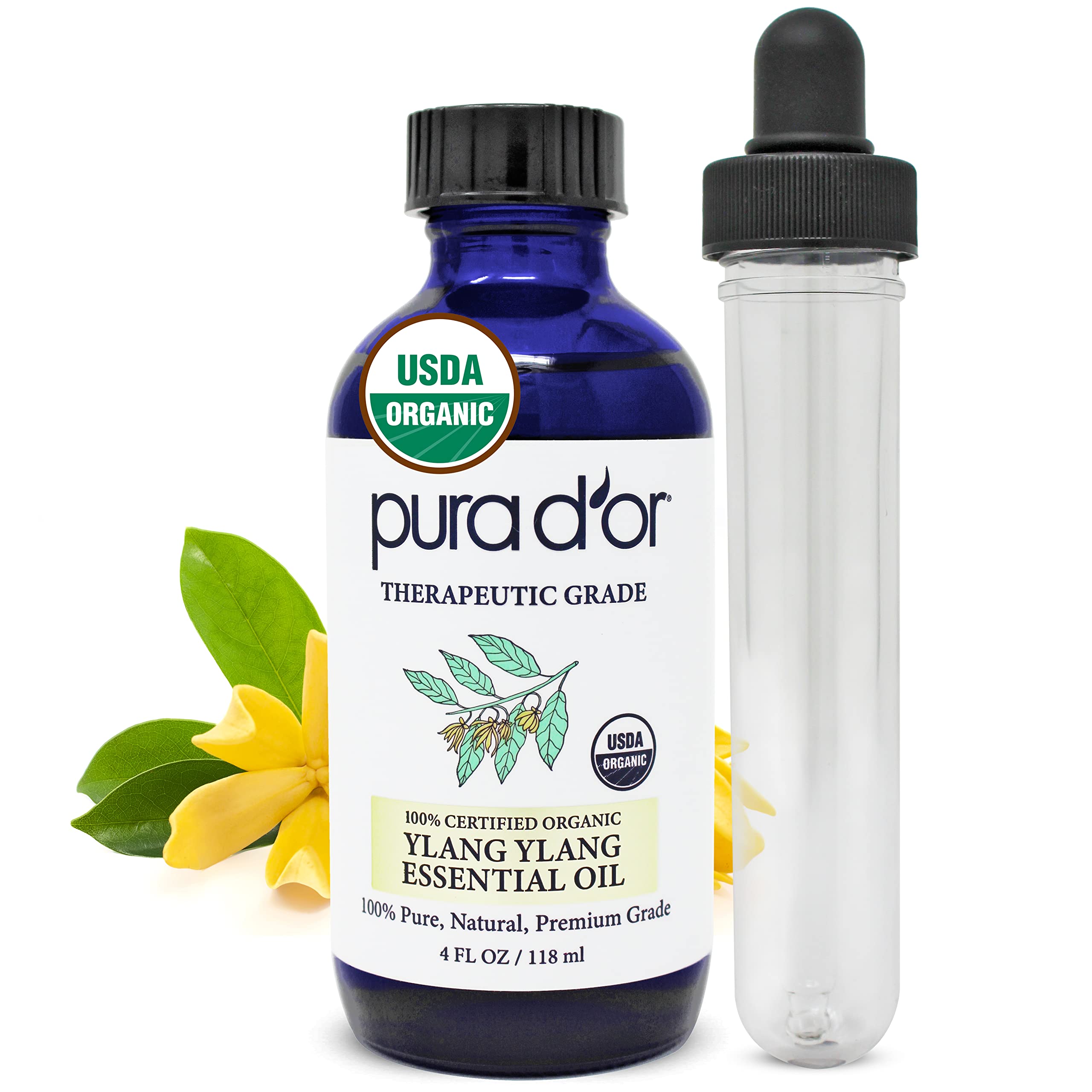 PURA D'OR Ylang Ylang oil bottle with dropper for calming aroma.