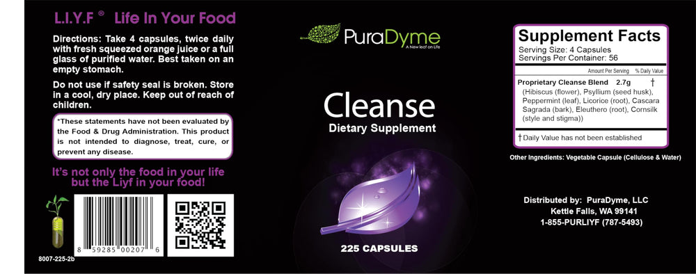 Puradyme Cleanse bottle pour showing simple daily dosage.
