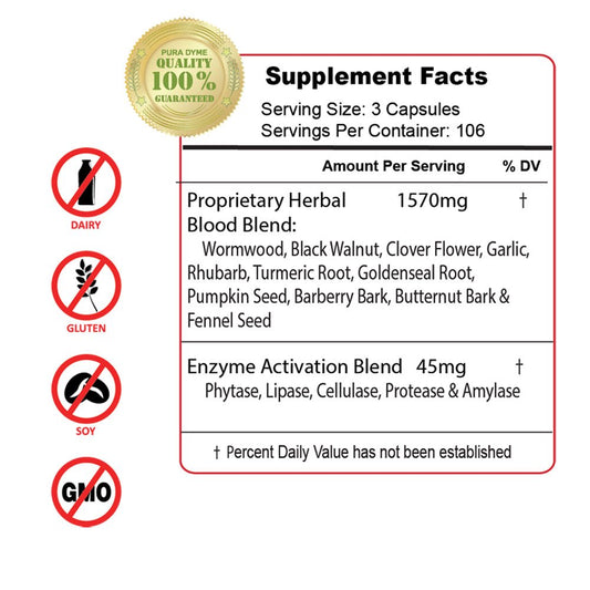 PuraDyme Herbal Blood capsules arranged for easy daily intake.