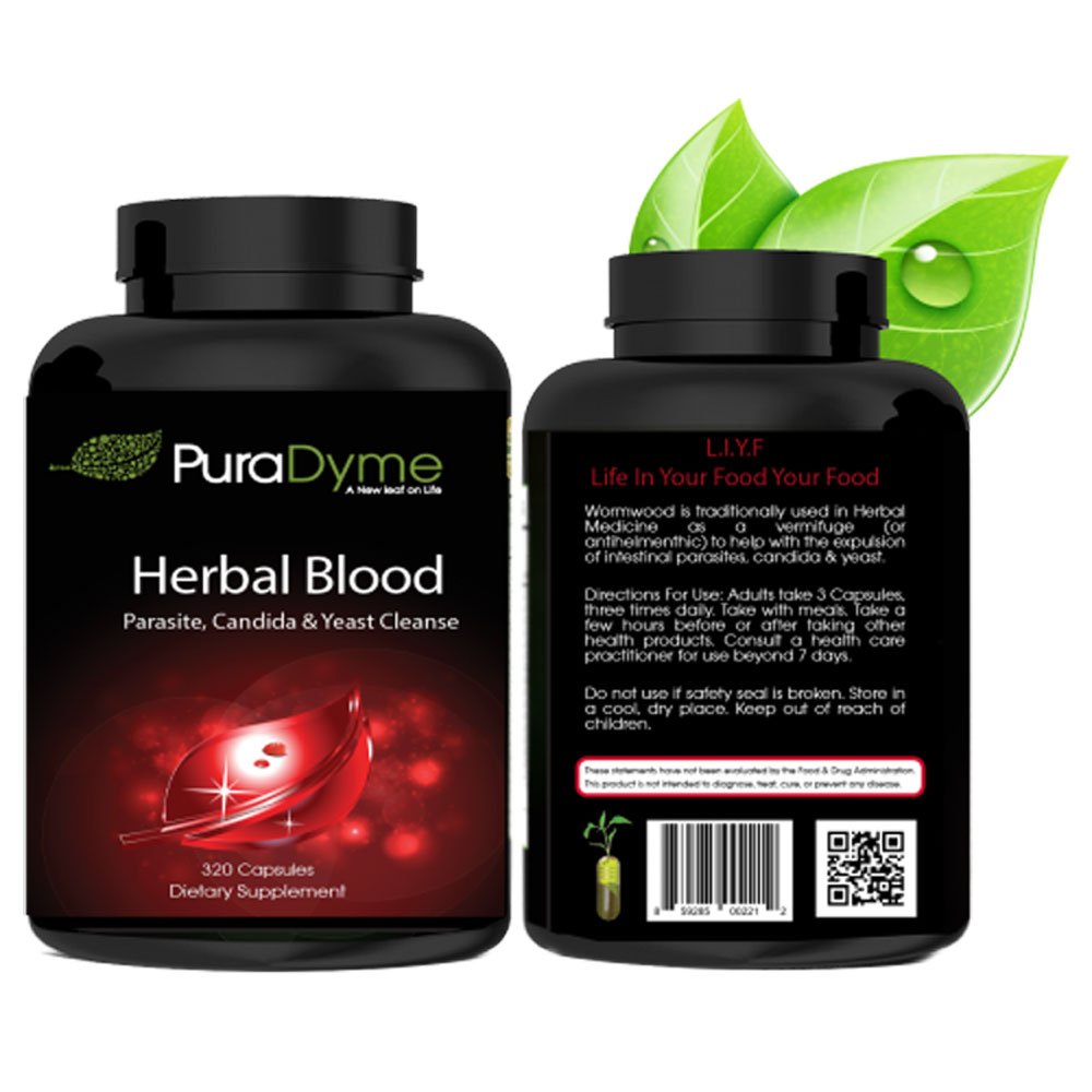 PuraDyme Herbal Blood bottle pouring capsules into water.