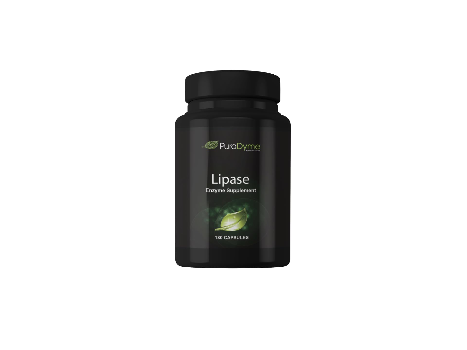 PuraDyme Lipase enzyme bottle label for 180 capsules, suggesting digestive support.