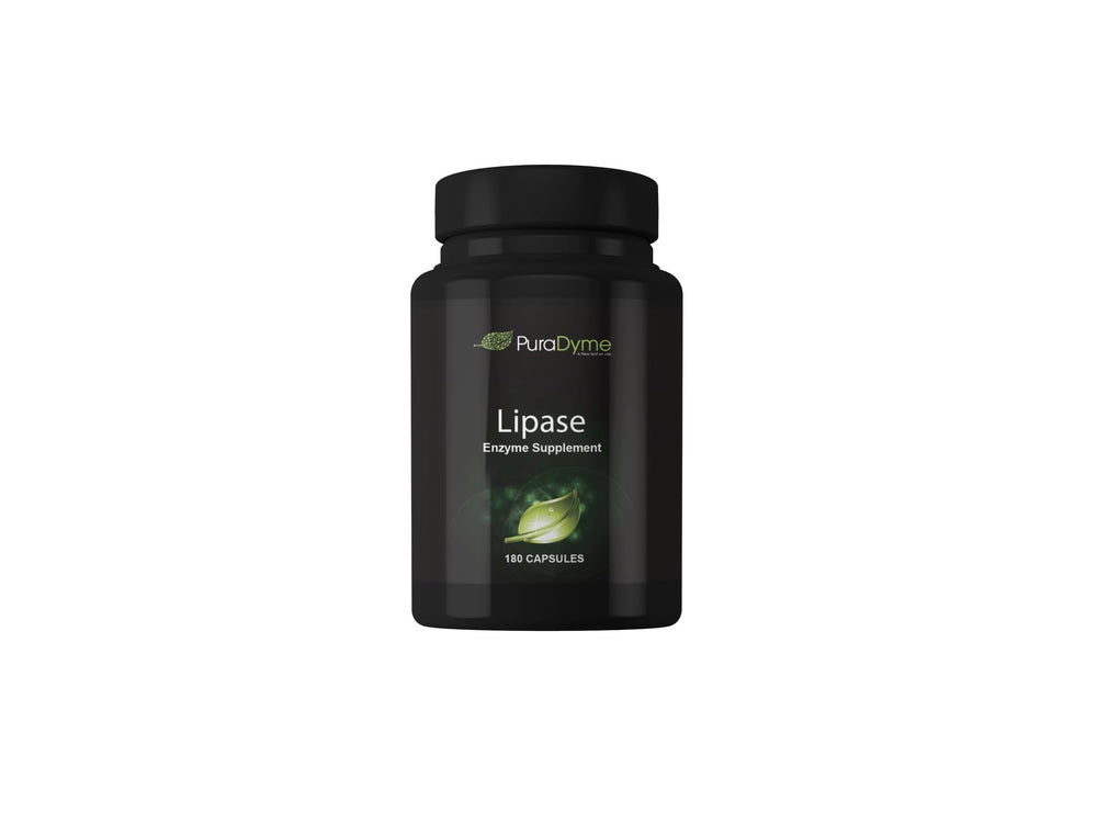 PuraDyme Lipase enzyme bottle label for 180 capsules, suggesting digestive support.