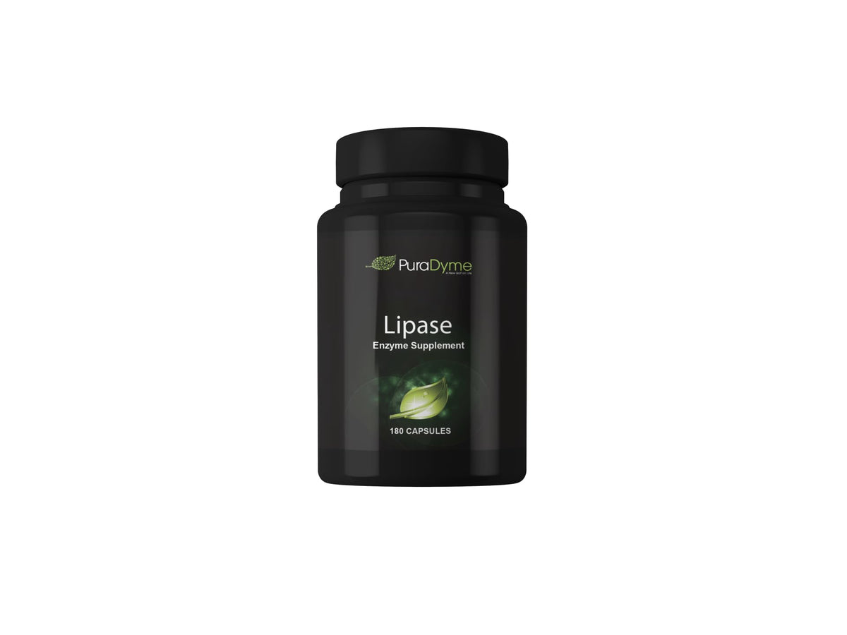 PuraDyme Lipase enzyme bottle label for 180 capsules, suggesting digestive support.