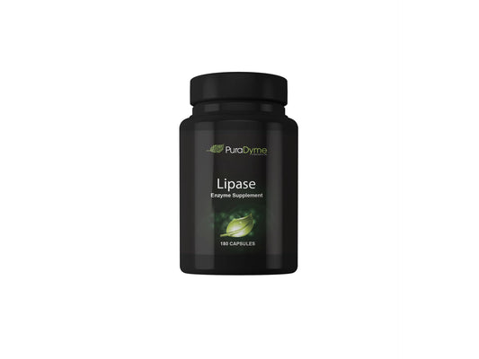 PuraDyme Lipase enzyme bottle label for 180 capsules, suggesting digestive support.
