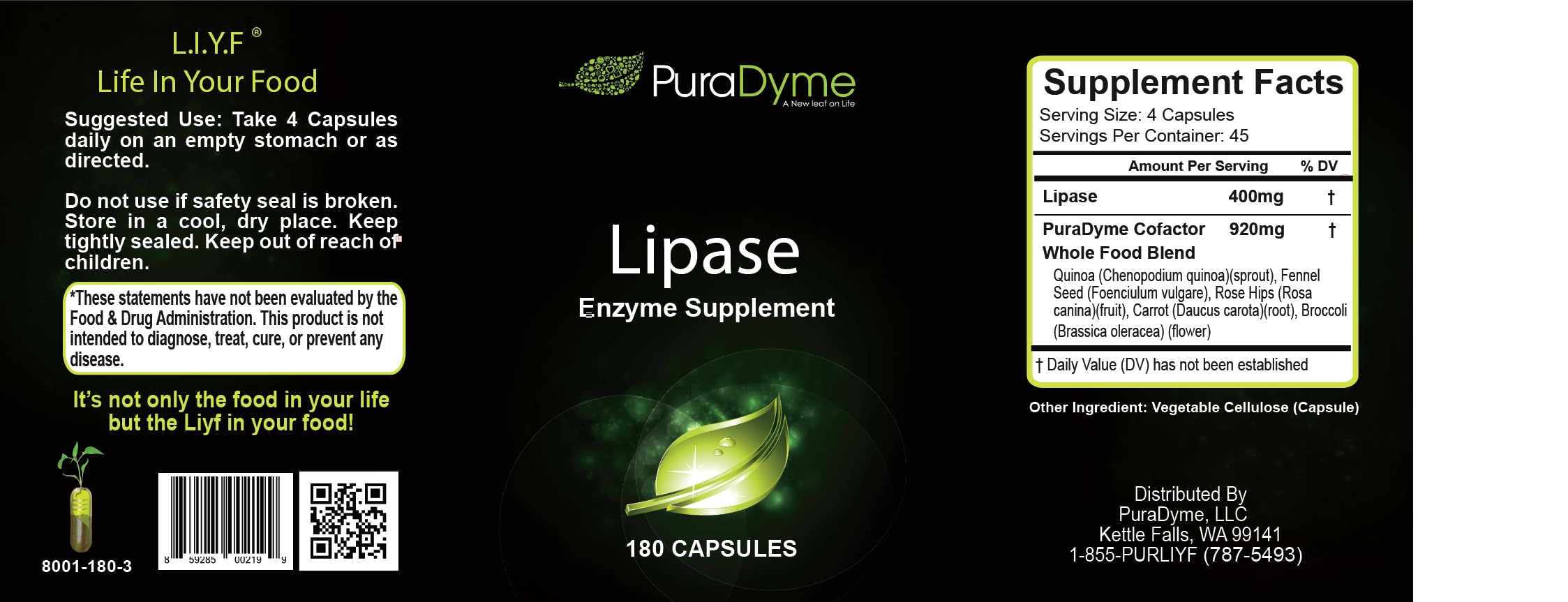 PuraDyme Lipase enzyme capsules being poured, highlighting convenient daily intake.