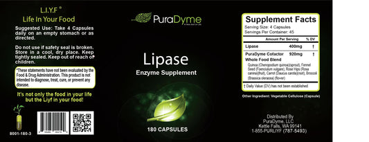PuraDyme Lipase enzyme capsules being poured, highlighting convenient daily intake.