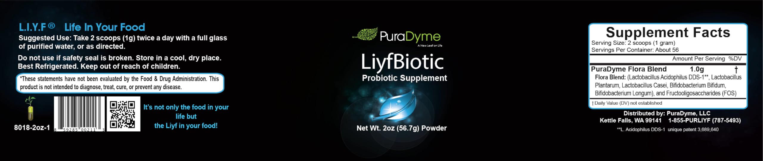 PuraDyme LiyfBiotic packaging label highlights probiotic blend for mouth and digestive support.