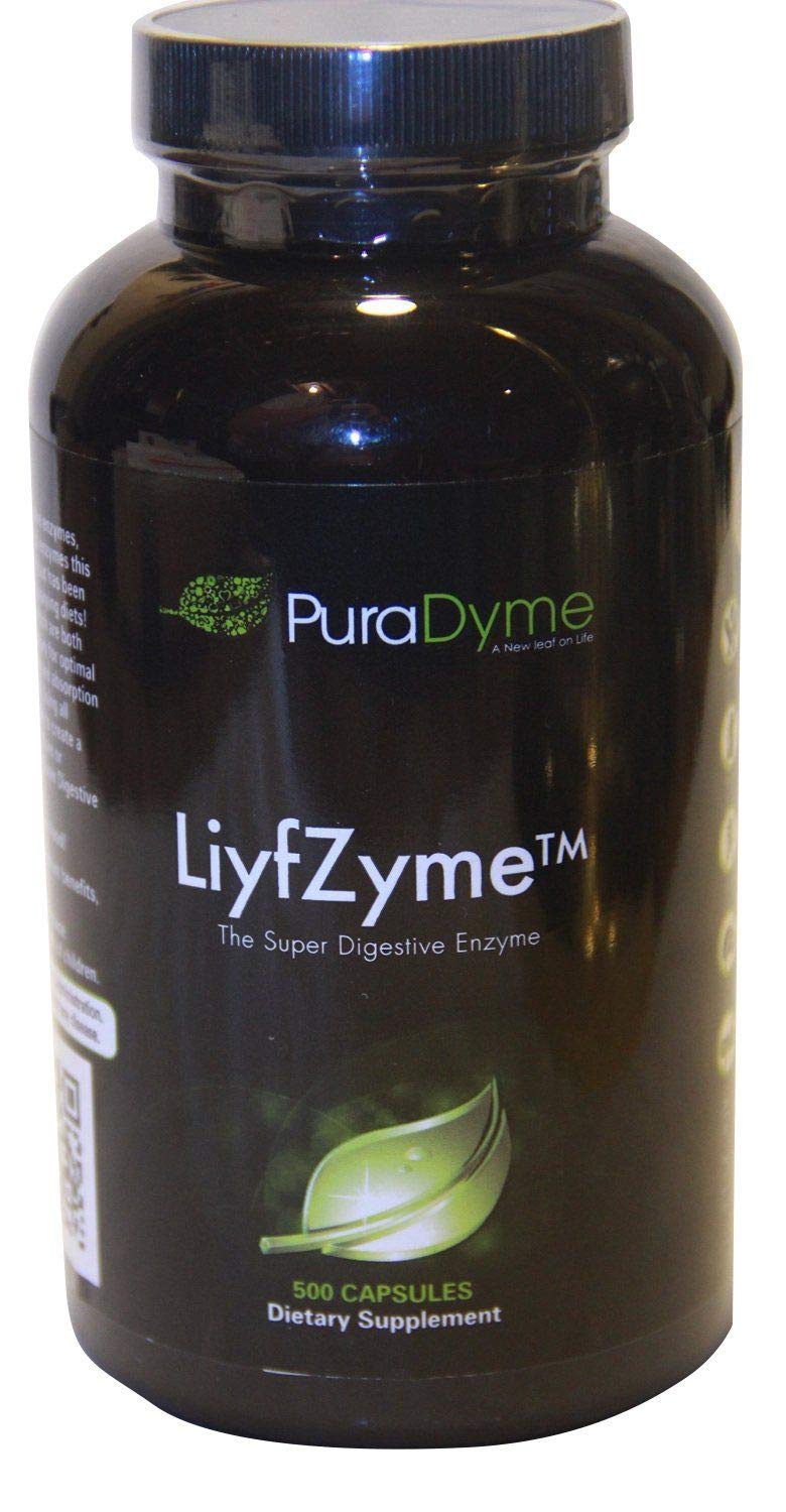 Puradyme LiyfZyme bottle label close-up, highlighting plant-based enzymes for digestion support.