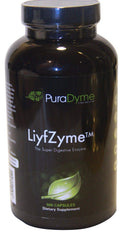 Puradyme LiyfZyme bottle label close-up, highlighting plant-based enzymes for digestion support.
