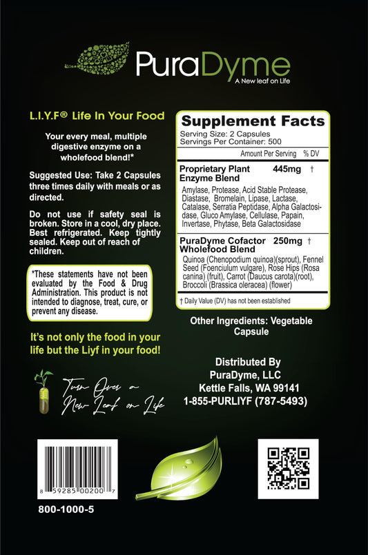 Close-up of LiyfZyme capsules emphasizing vegan, daily digestion benefits