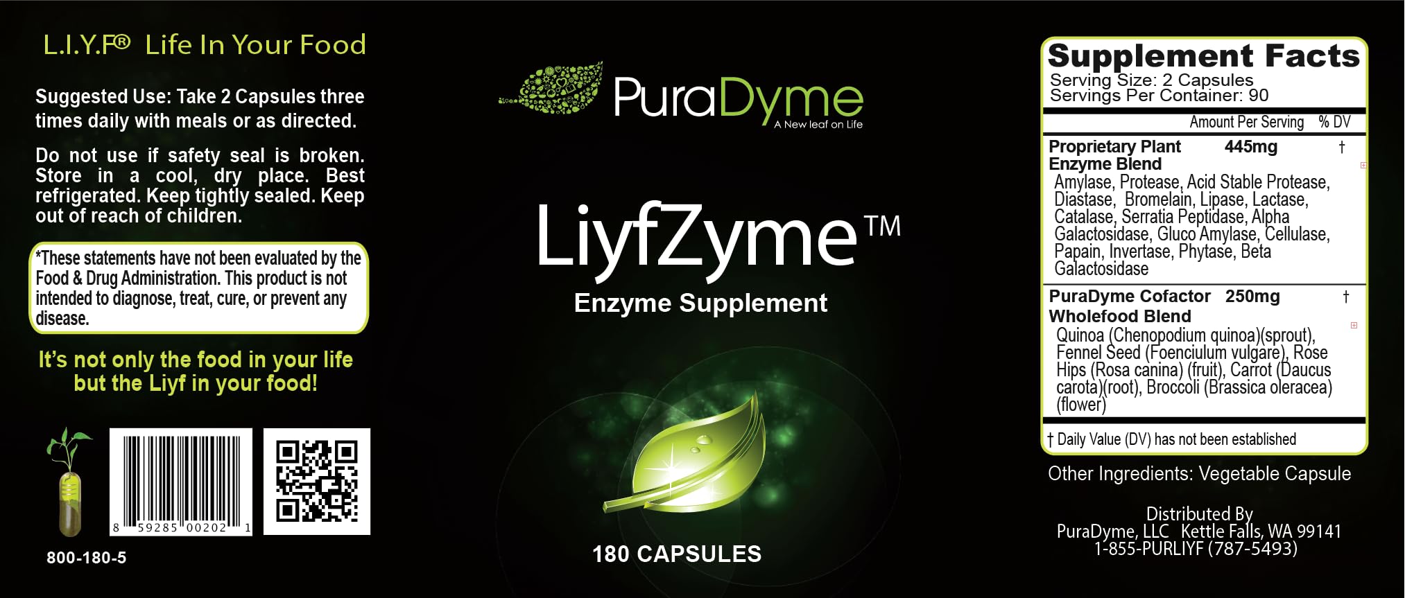 PuraDyme LiyfZyme capsules close-up with 180 veggie caps for digestion support