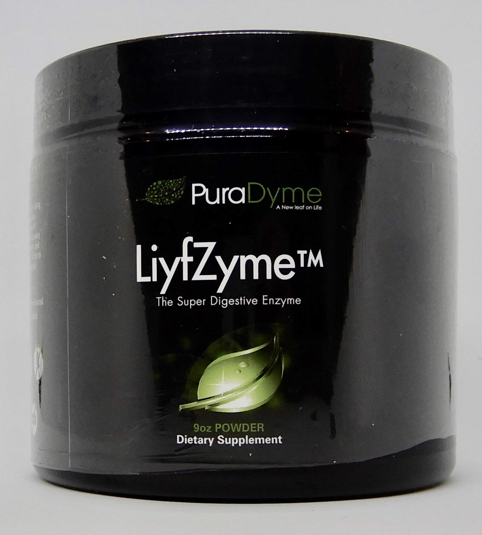 Puradyme LIYFZYME powder bottle showing plant-based enzyme blend for daily digestive support