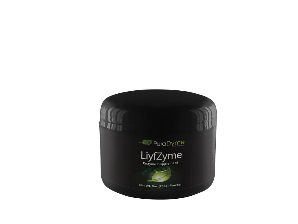 PuraDyme LiyfZyme powder jar on kitchen counter for daily plant-based enzyme intake.