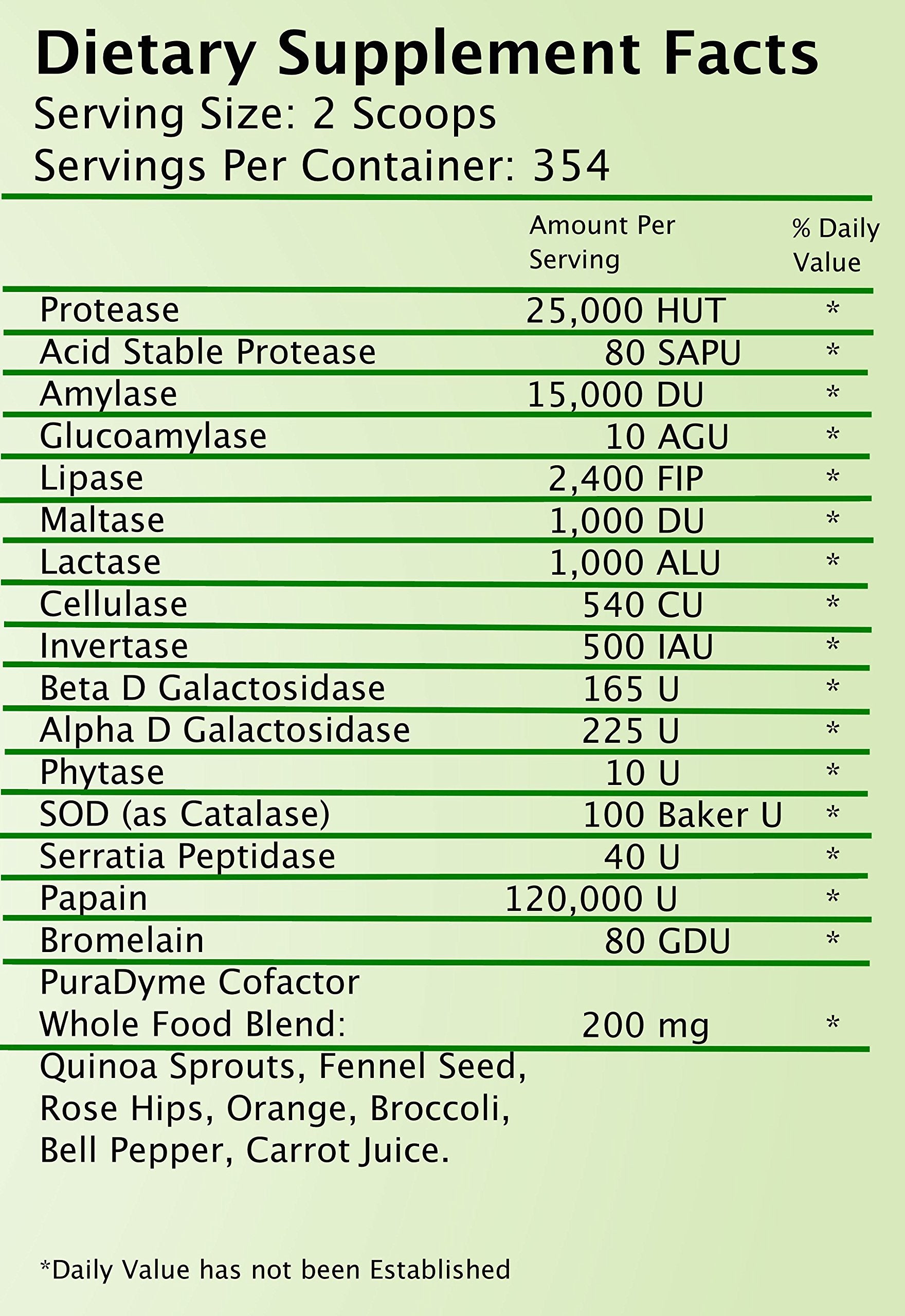 Puradyme LIYFZYME powder label close-up highlighting sulfite-free papain and 16 enzymes