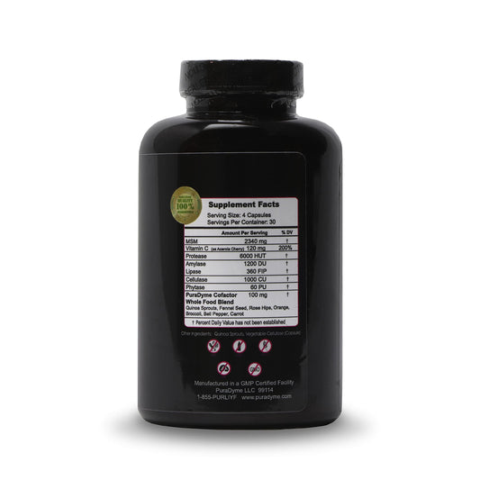 PuraDyme MSM capsules close-up, high-potency vegan supplement.