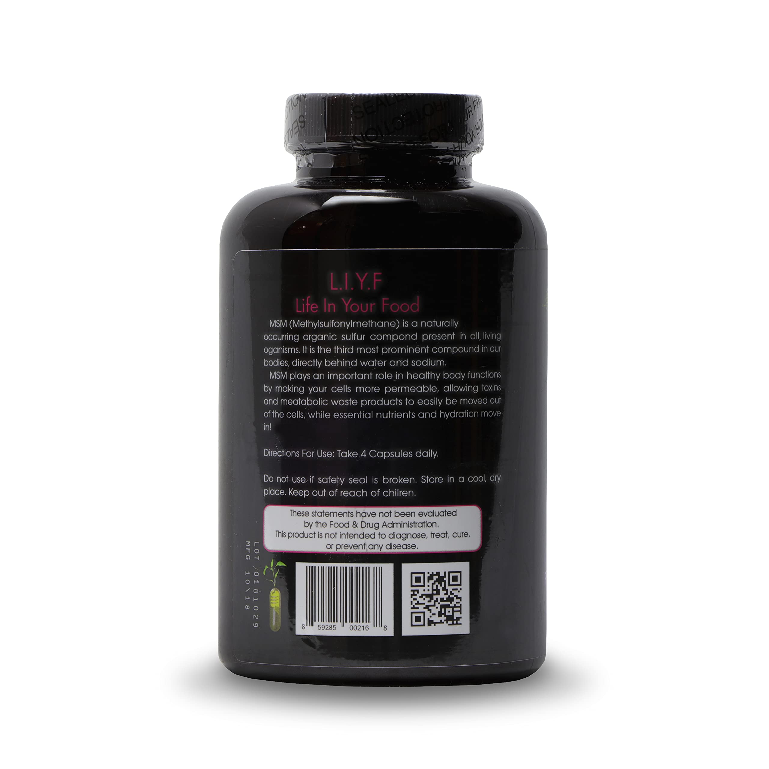 PuraDyme MSM label close-up, shows whole food cofactors for better absorption.