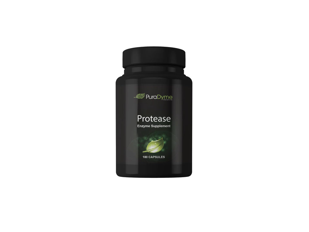 Puradyme Protease bottle with clear label, supports digestion and protein breakdown.
